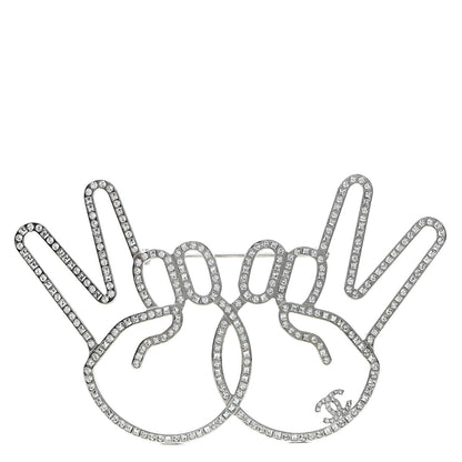 Chanel Strass Crystal Peace Sign Emoji Brooch Silver 1 of 4