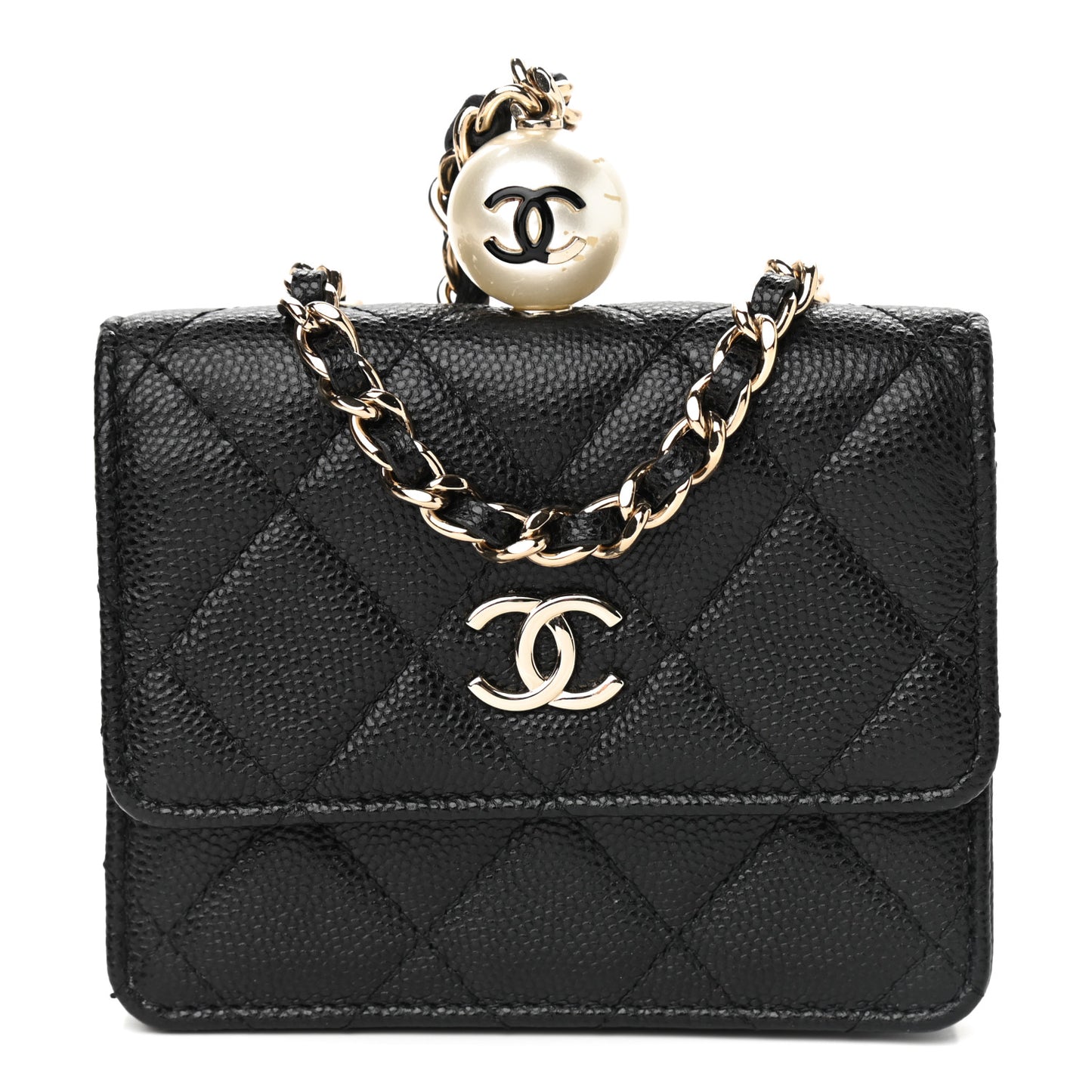 Caviar Quilted Pearl Card Holder On Chain Black