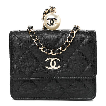 Chanel Caviar Quilted Pearl Card Holder On Chain Black 1 of 9