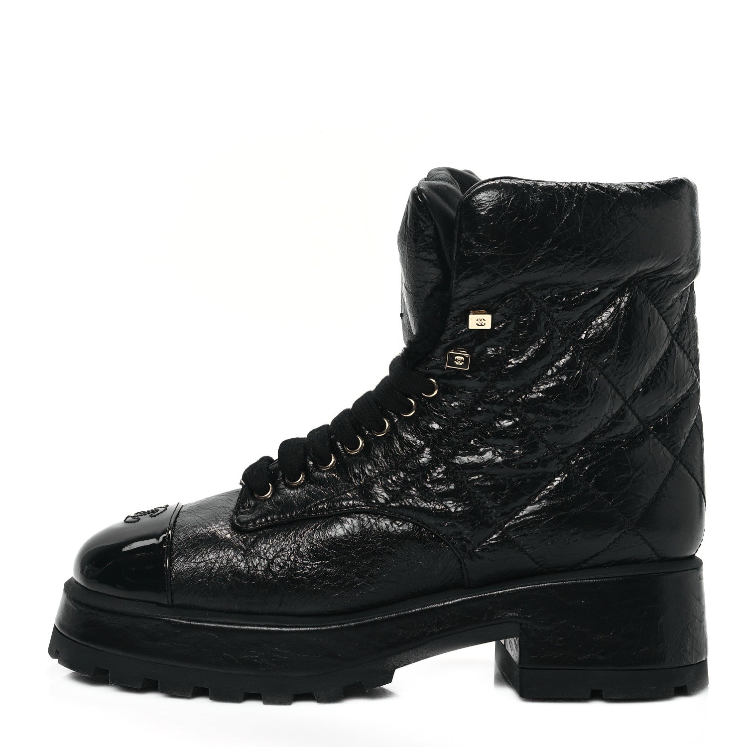 Chanel Crumpled Patent Lambskin Calfskin Quilted Lace Up Combat Boots 41.5 Black 1 of 9