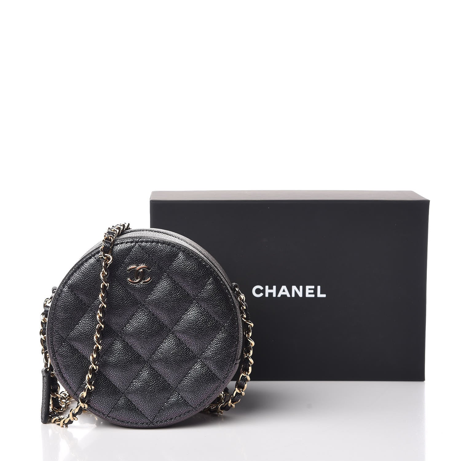 Chanel Iridescent Caviar Quilted Round Clutch With Chain Black 10 of 10