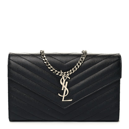 Saint Laurent Grain De Poudre Matelasse Chevron Monogram Chain Wallet Black 1 of 11