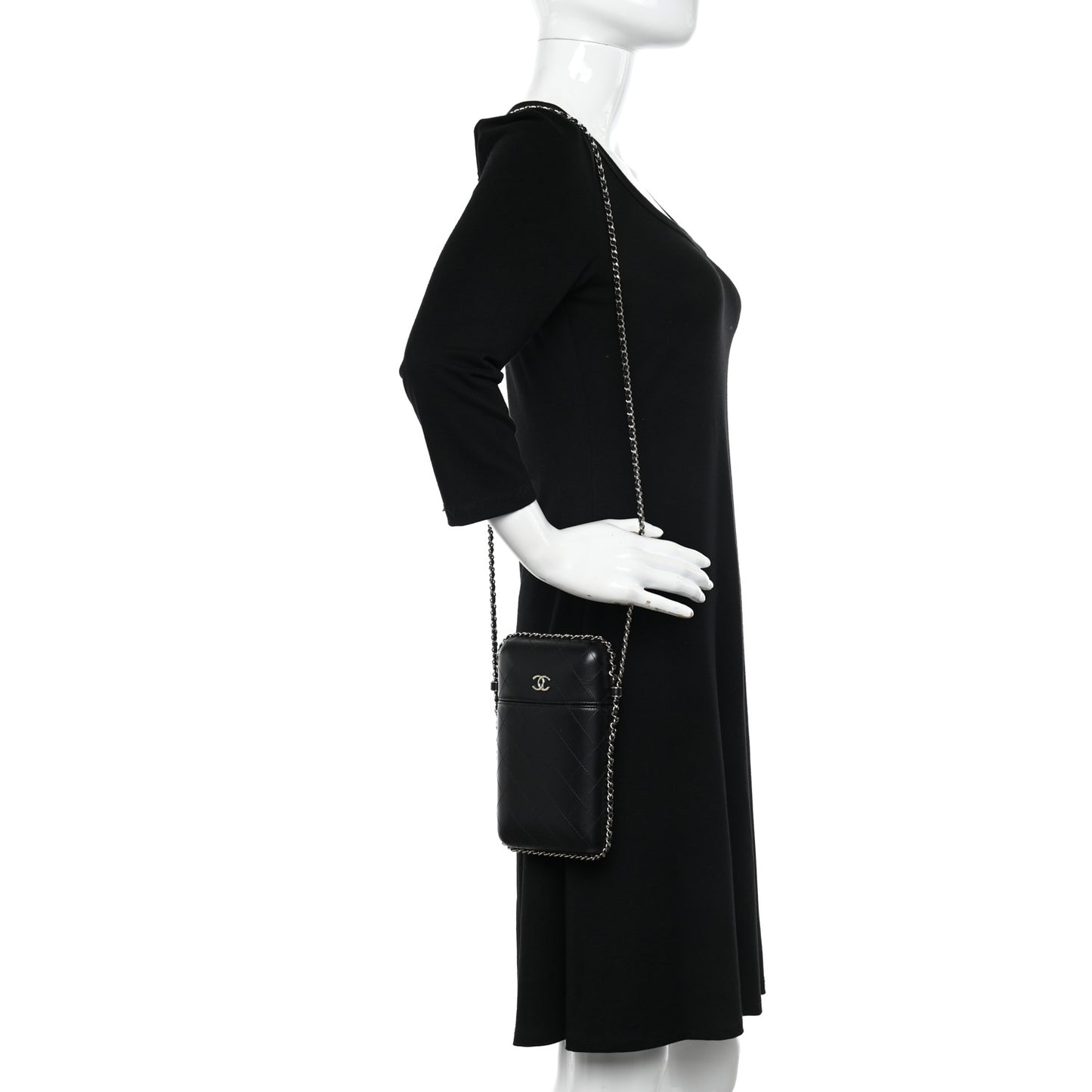 Lambskin Quilted Chain Around Phone Holder Black