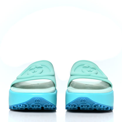 Gucci Soft Rubber Womens Interlocking G Platform 42mm Slide Sandals 39 Bright Aqua 2 of 8