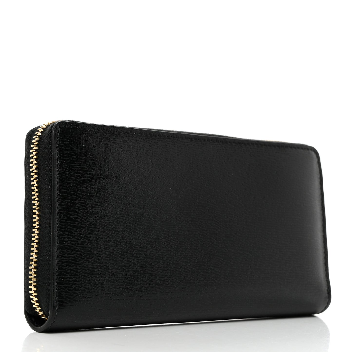 Textured Calfskin Gucci Script Zip Around Wallet Black