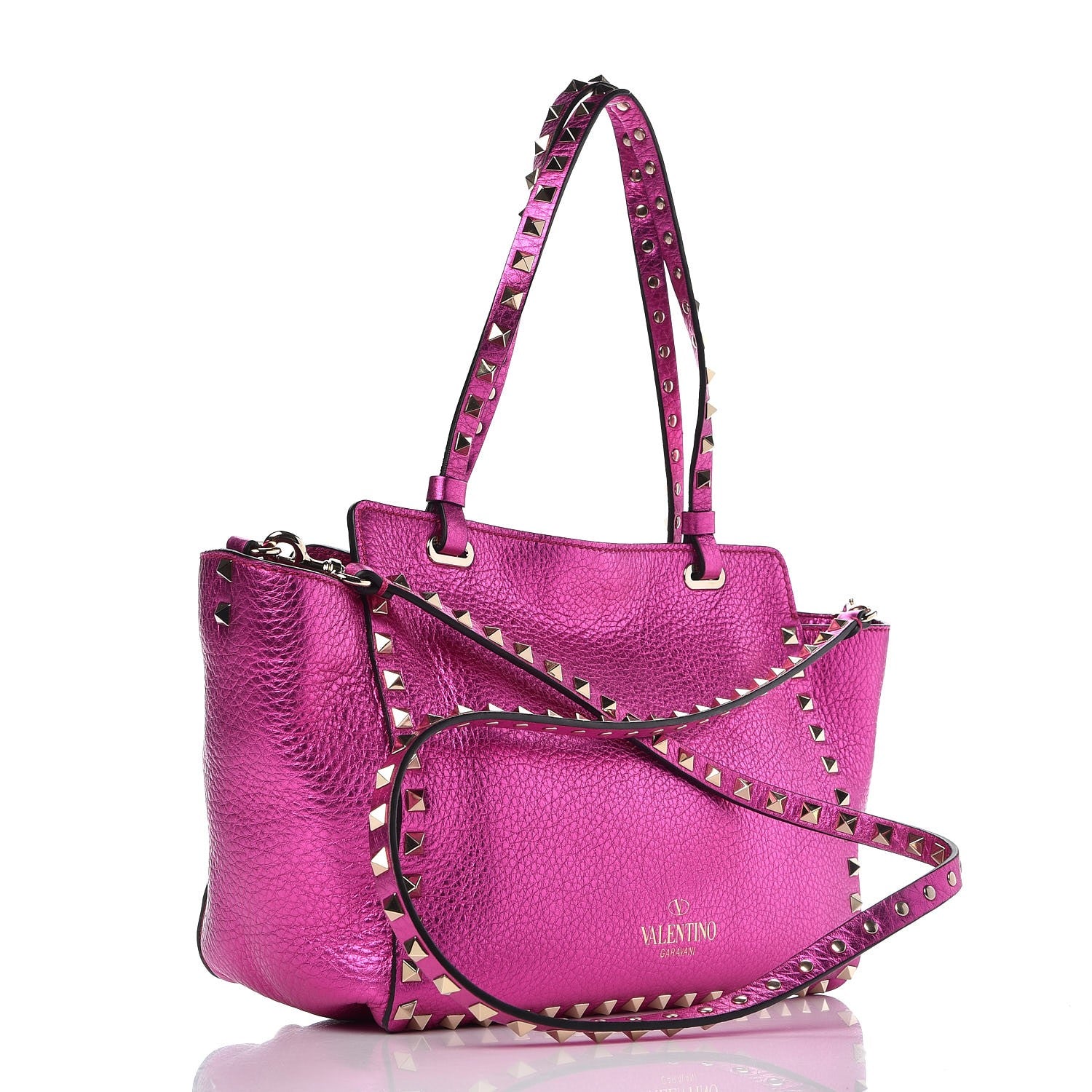 Valentino Garavani Metallic Pebbled Calfskin Small Rockstud Tote Peony 4 of 8