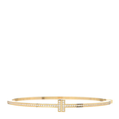 Tiffany 18K Yellow Gold Diamond T Hinged Wire Bangle Bracelet 1 of 6