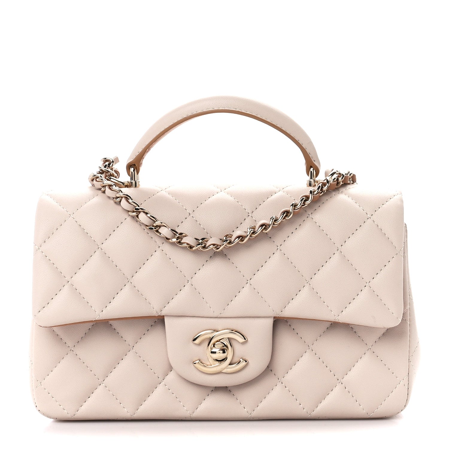 Chanel Lambskin Quilted Bi-Color Mini Top Handle Rectangular Flap Ecru Dark Beige 1 of 13