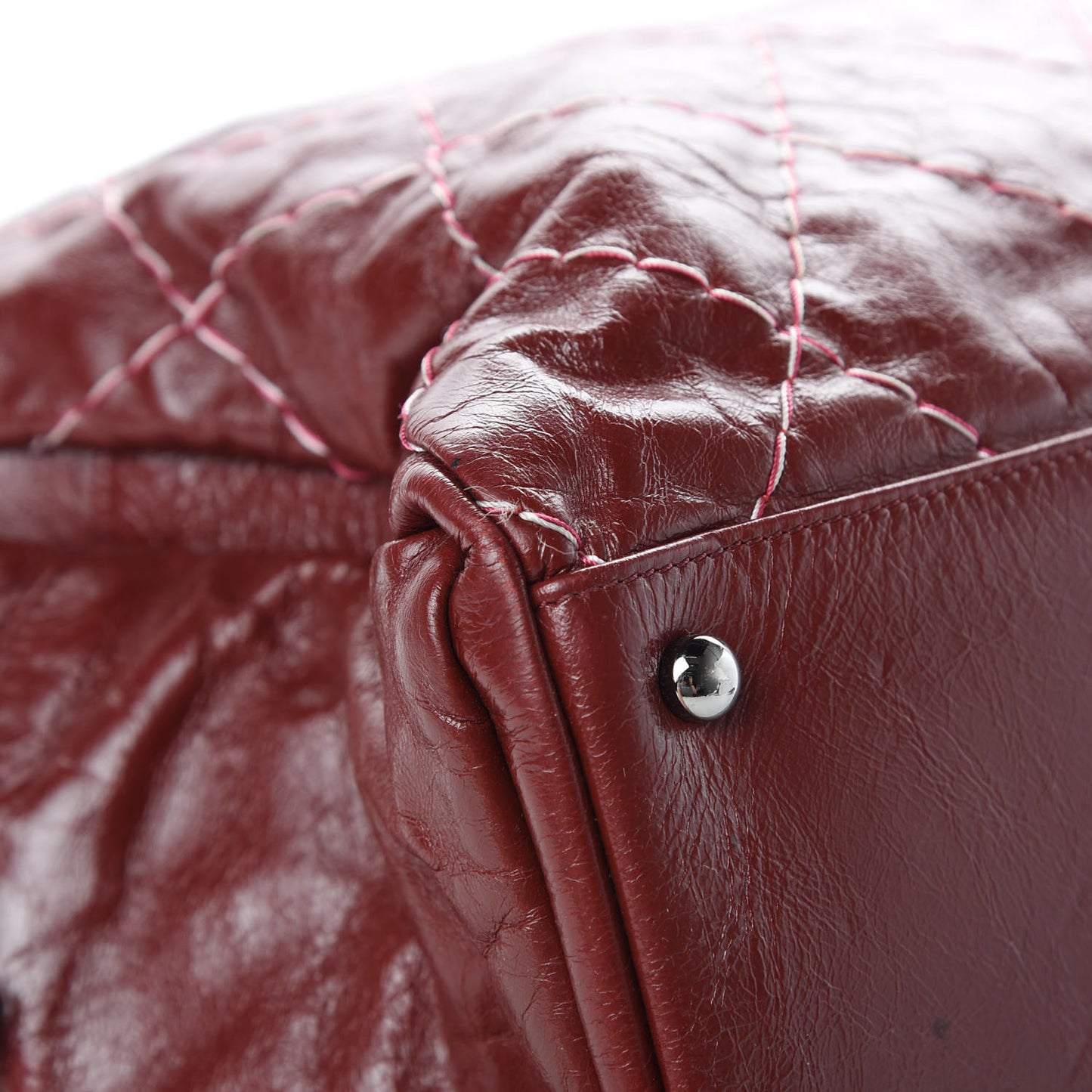 Glazed Goatskin Double Stitch Shoulder Bag Rouge