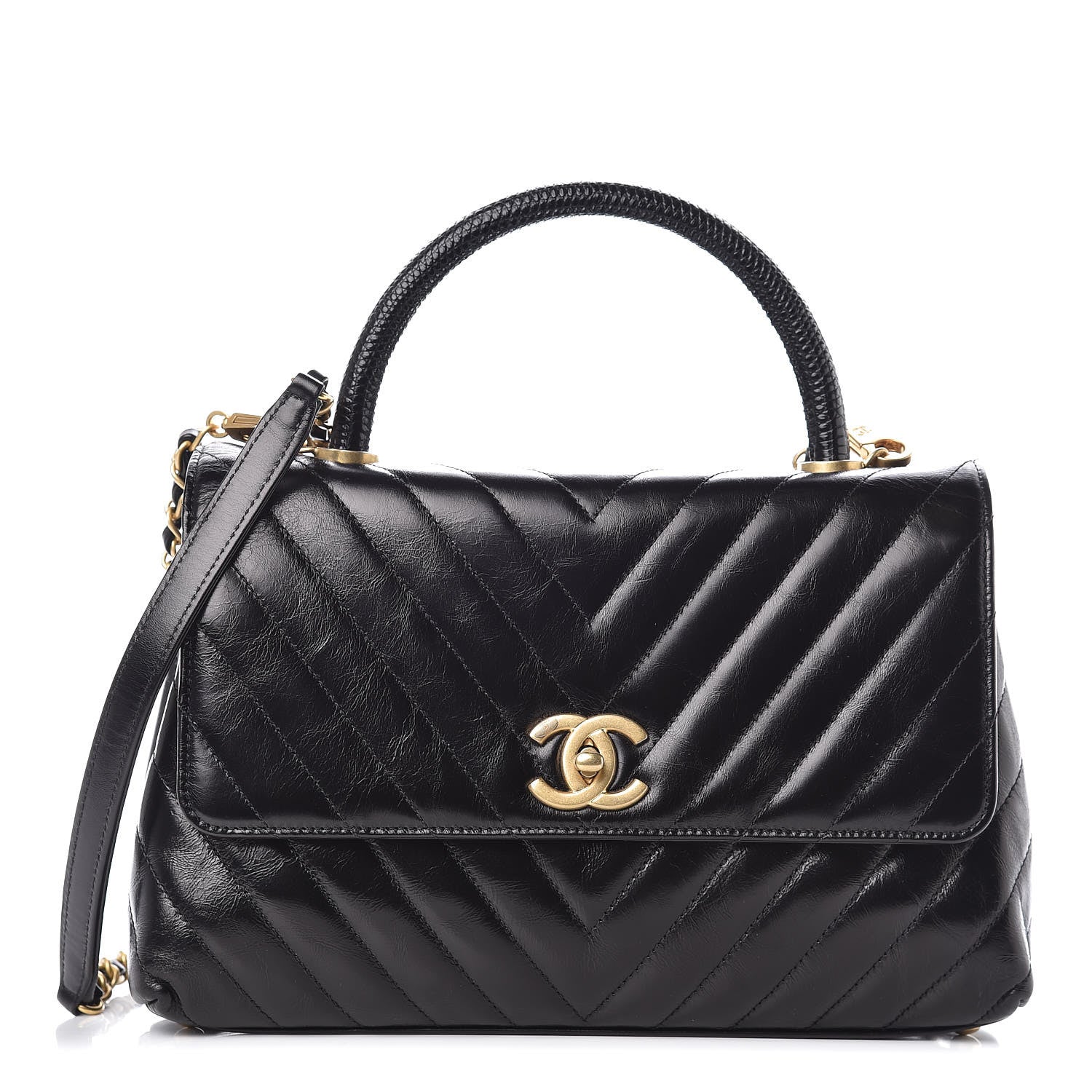 Chanel Calfskin Lizard Chevron Quilted Small Coco Handle Flap Black 1 of 9