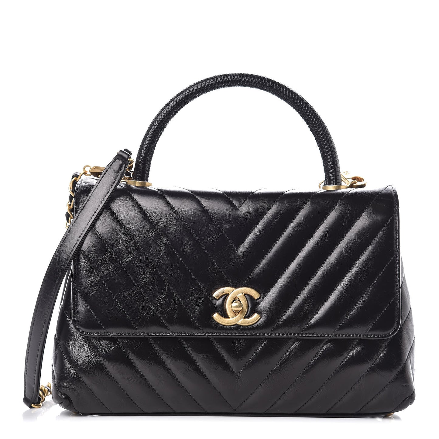 Calfskin Lizard Chevron Quilted Small Coco Handle Flap Black