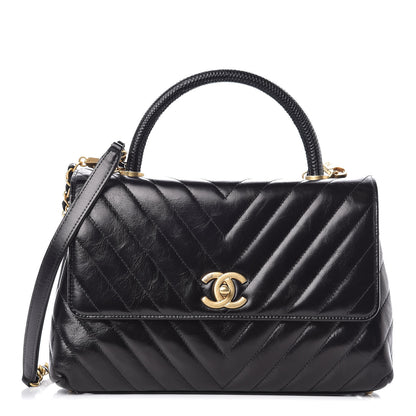 Chanel Calfskin Lizard Chevron Quilted Small Coco Handle Flap Black 1 of 9