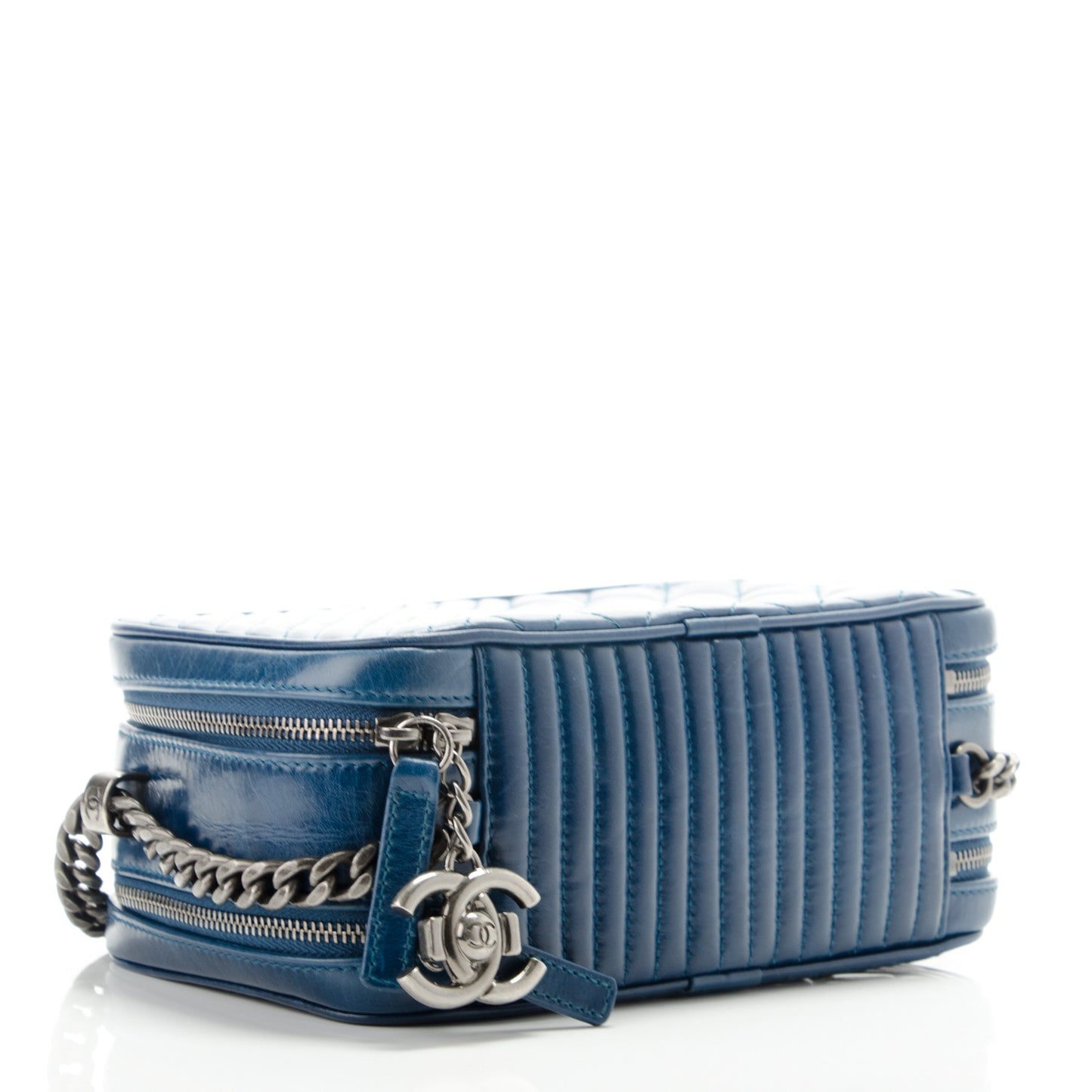 Glazed Calfskin Small Quilted Coco Boy Camera Bag Blue