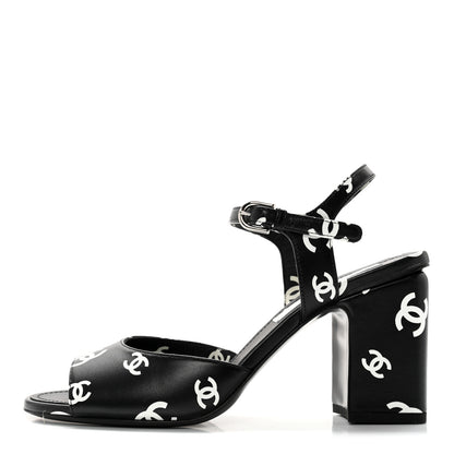 Chanel Printed Lambskin CC Sandals 38 Black White 1 of 12