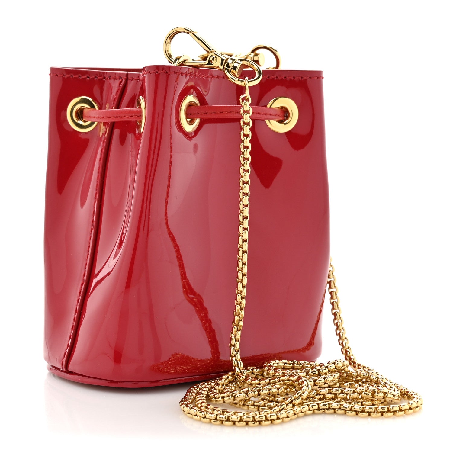 Prada Vernice Metal Triangle Logo Mini Drawcord Pouch Shoulder Bag Cherry 3 of 10