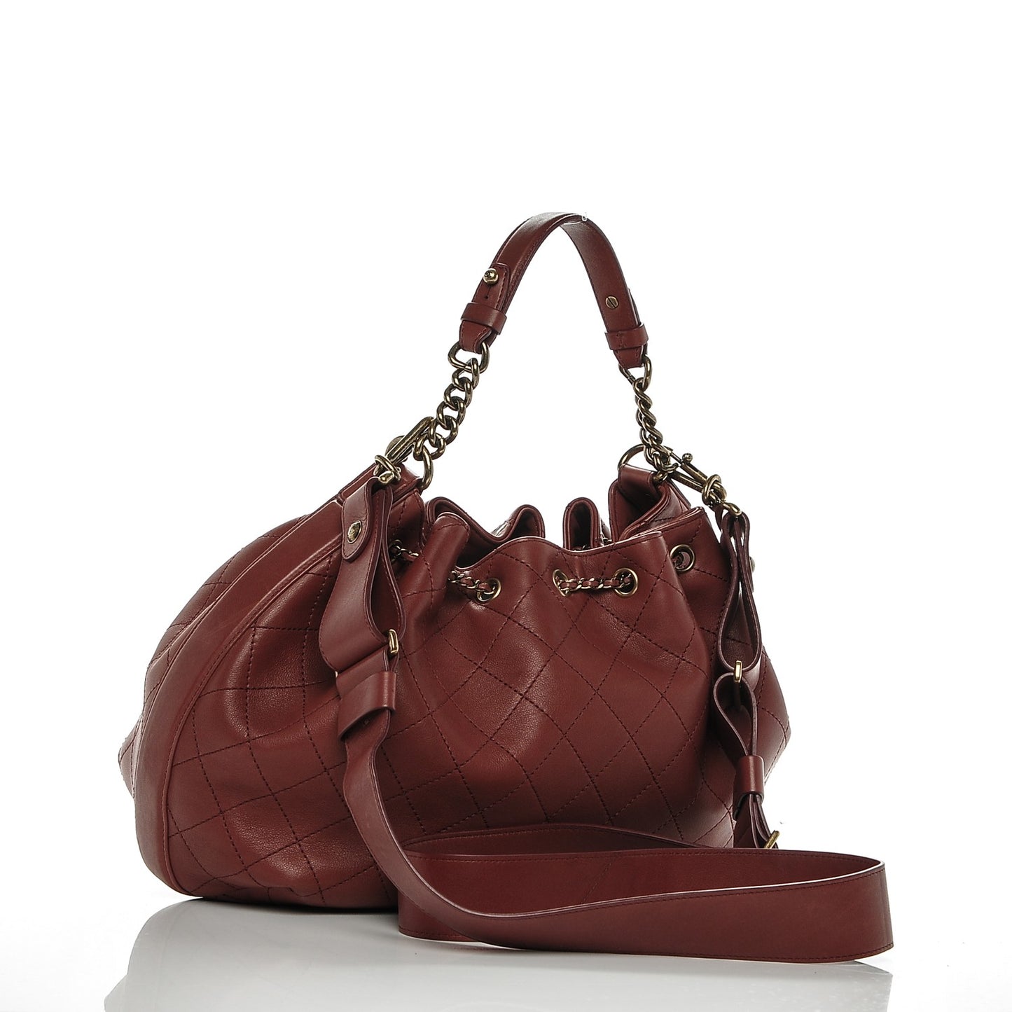 Calfskin Stitched Large Drawstring CC Bag Burgundy