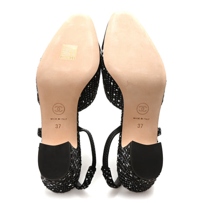 Chanel Tweed Grosgrain Cap Toe CC Slingback Pumps 37 Black White 6 of 9
