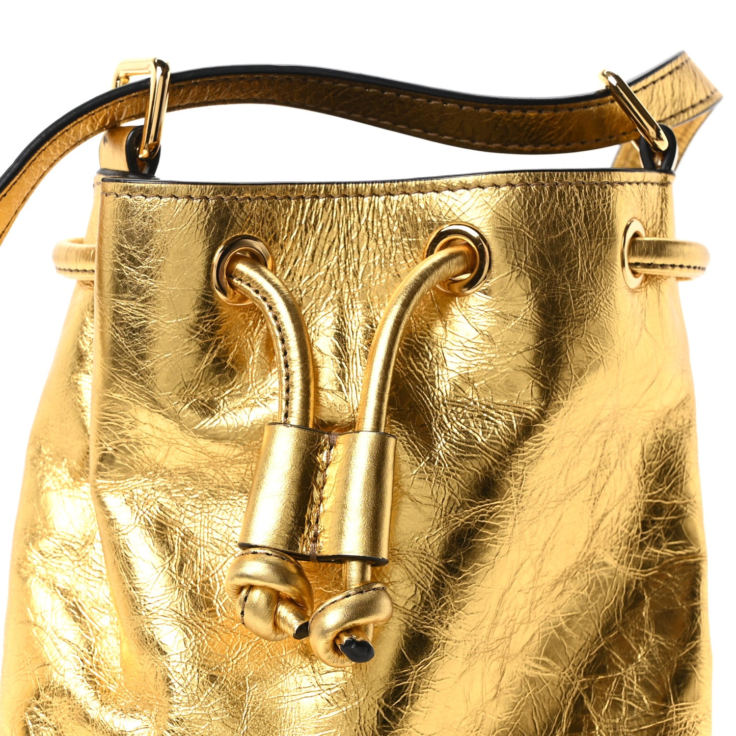 Metallic Crinkled Calfskin Small Greta Drawstring Bag Gold