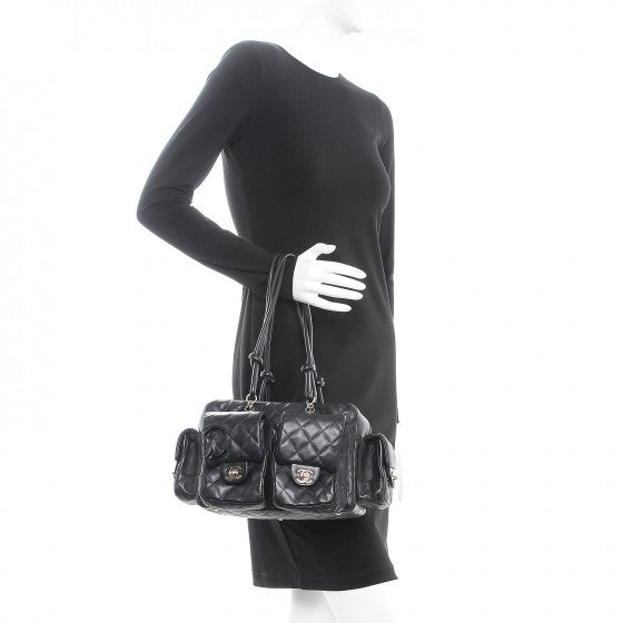 Calfskin Quilted Small Cambon Multipocket Reporter Black White