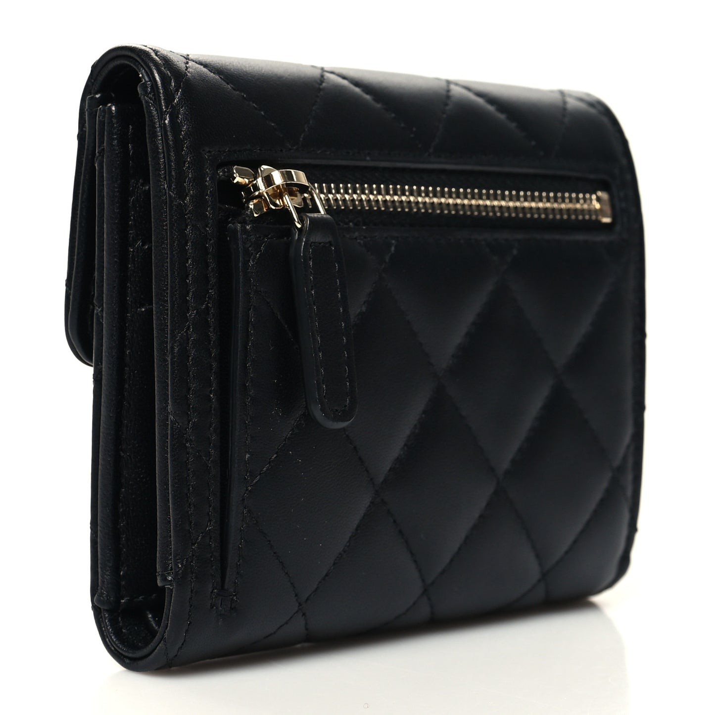 Lambskin Enamel Quilted Roller Skate Compact Flap Wallet Black