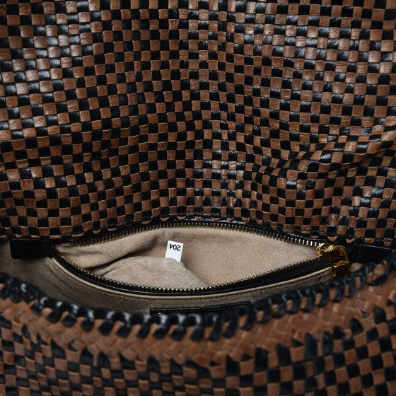 Goatskin Woven Top Handle Satchel Black Tan