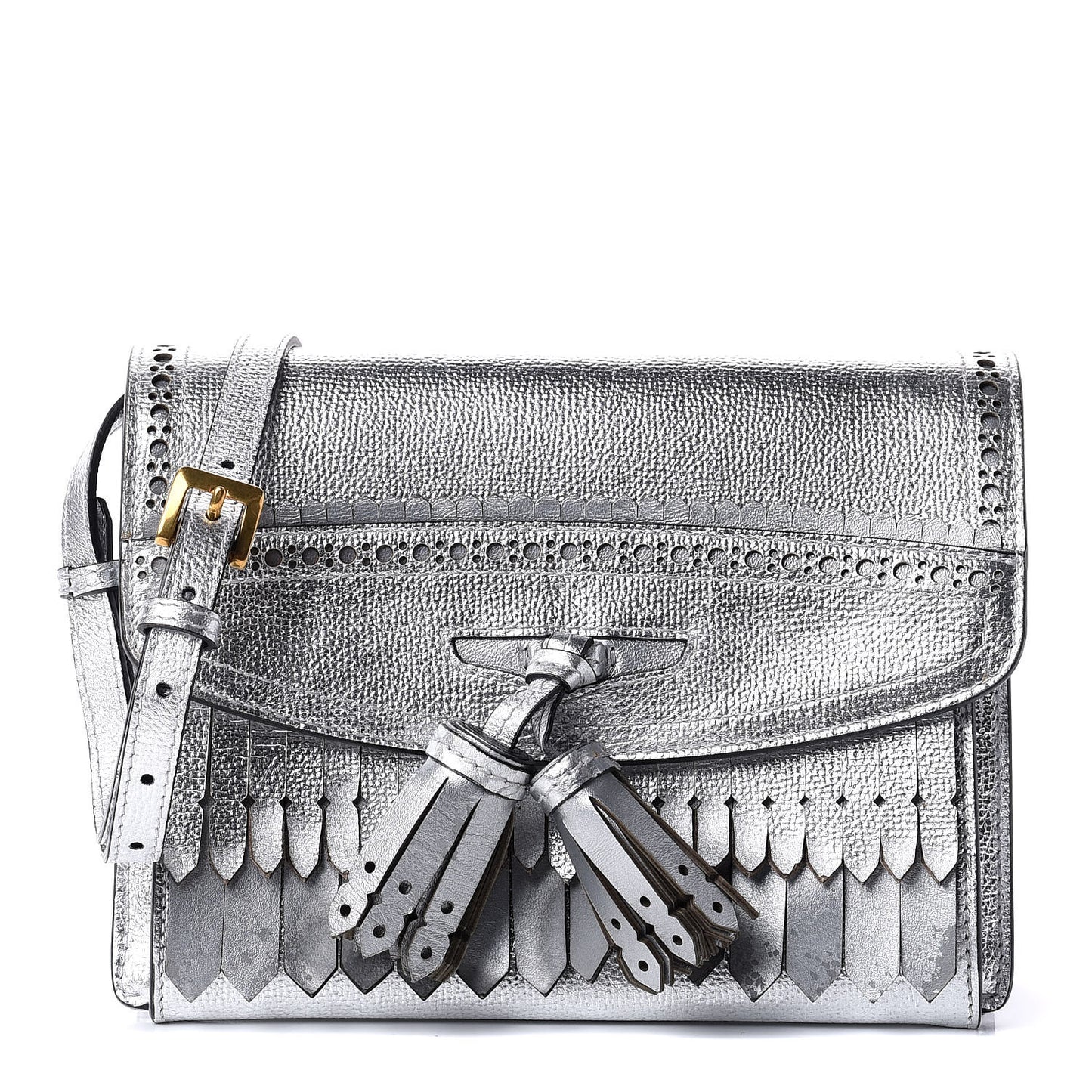 Metallic Grainy Calfskin Broguing Tassel Small Macken Crossbody Bag Silver