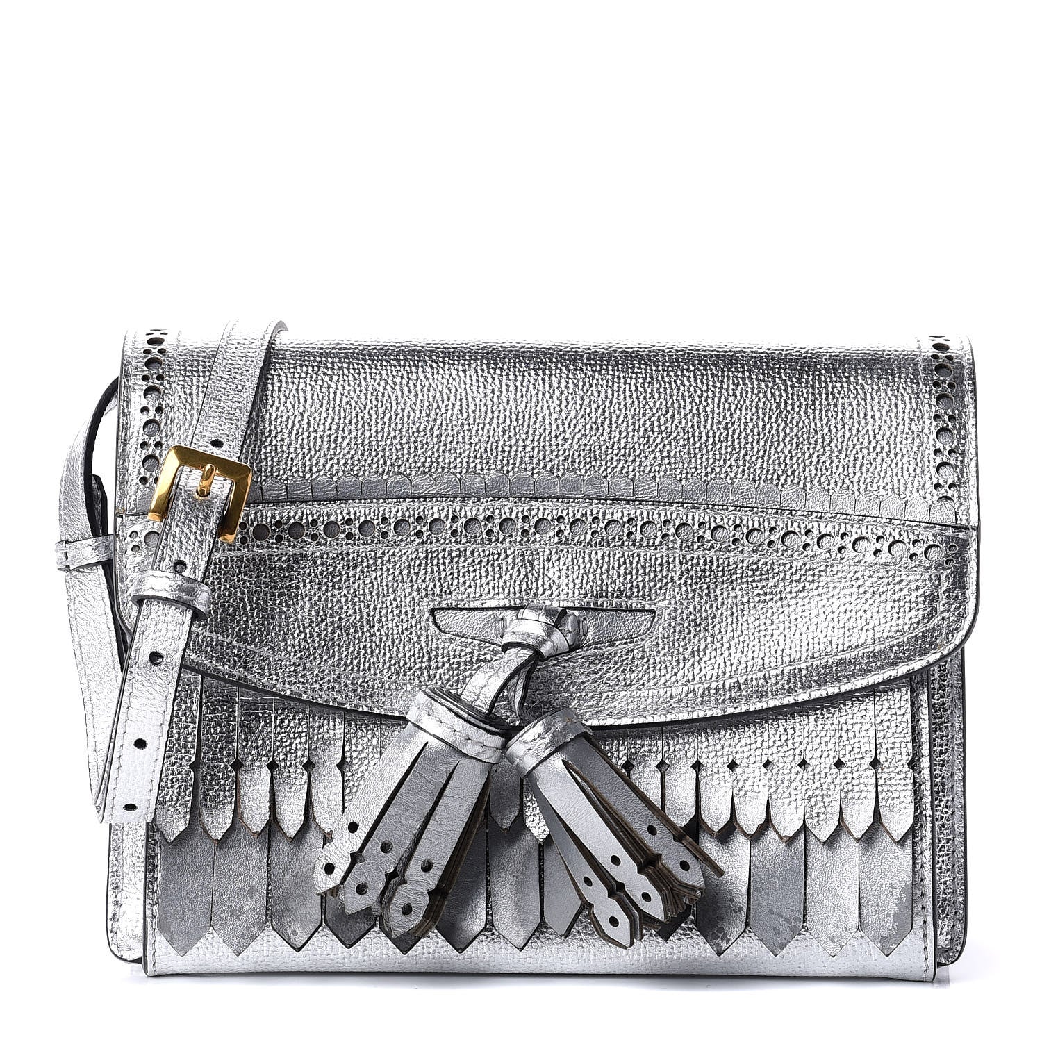 Burberry Metallic Grainy Calfskin Broguing Tassel Small Macken Crossbody Bag Silver 1 of 11