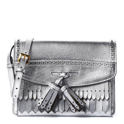 Burberry Metallic Grainy Calfskin Broguing Tassel Small Macken Crossbody Bag Silver 1 of 11
