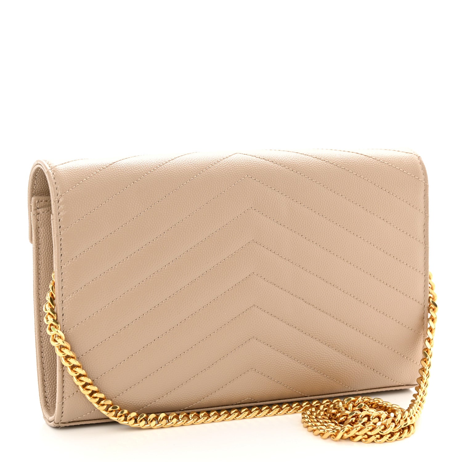 Saint Laurent Grain De Poudre Matelasse Chevron Monogram Chain Wallet Dark Beige 3 of 10