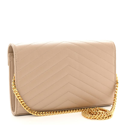 Saint Laurent Grain De Poudre Matelasse Chevron Monogram Chain Wallet Dark Beige 3 of 10