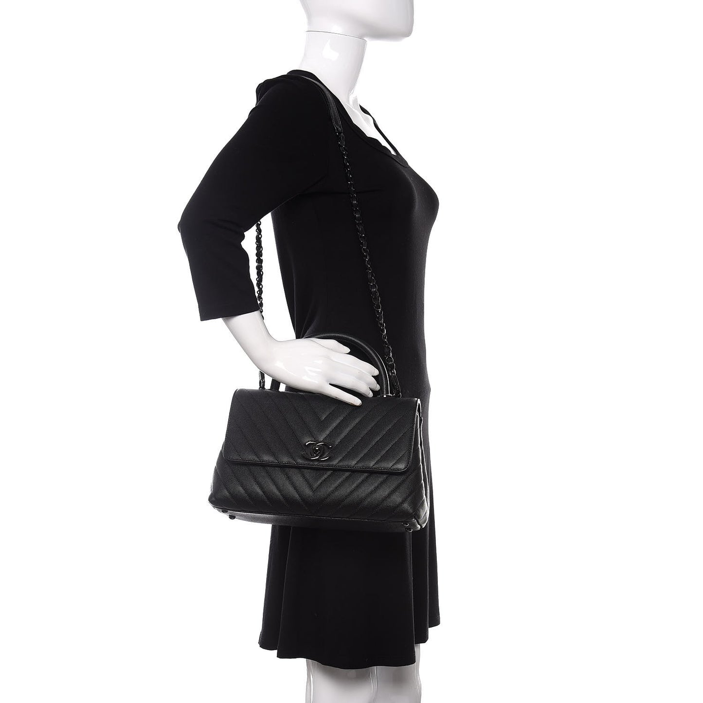 Caviar Chevron Quilted Small Coco Handle Flap So Black