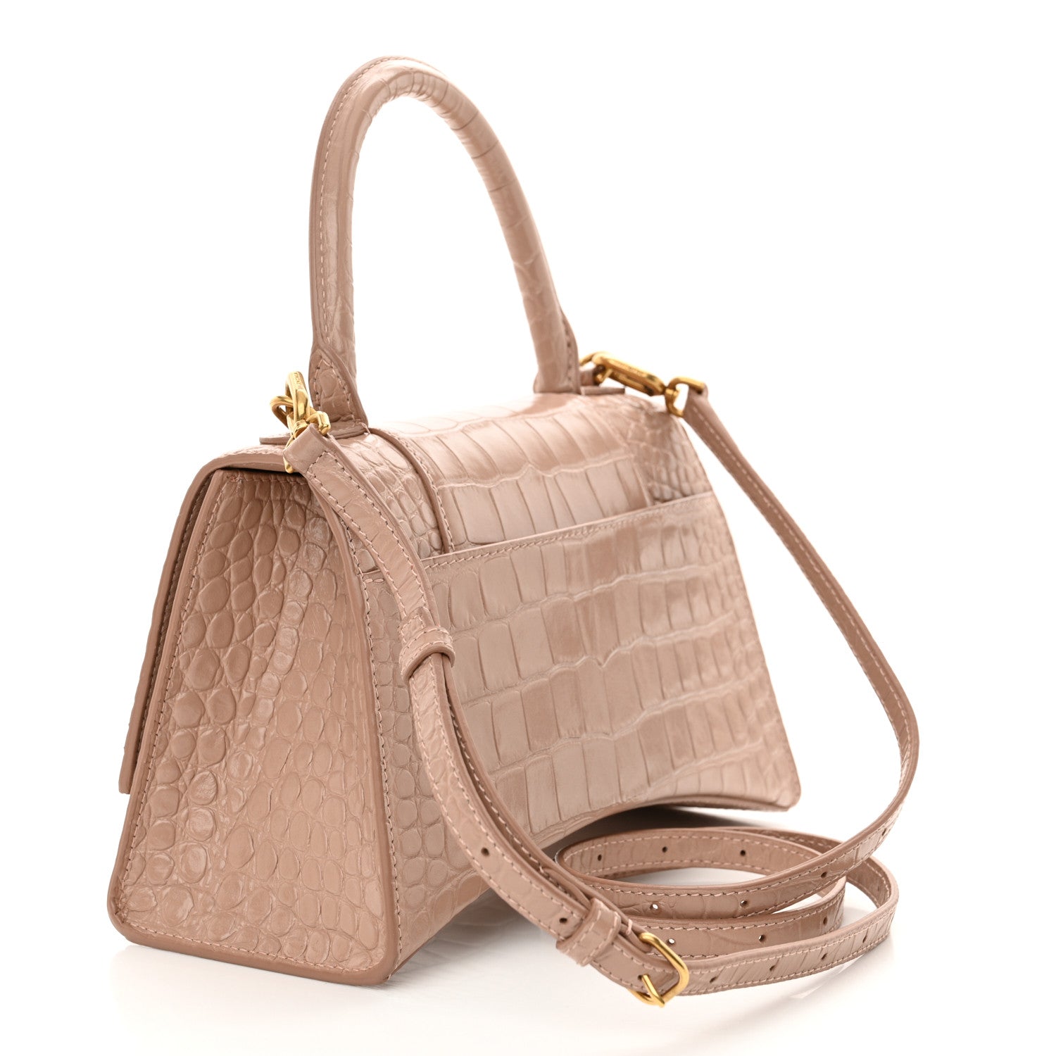 Balenciaga Shiny Calfskin Crocodile Embossed Small Hourglass Top Handle Bag Nude Beige 3 of 13