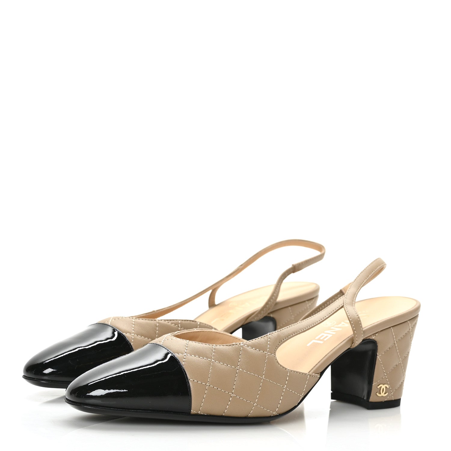 Chanel Lambskin Patent Calfskin Quilted Cap Toe CC Slingback Pumps 40 Beige Black 3 of 9