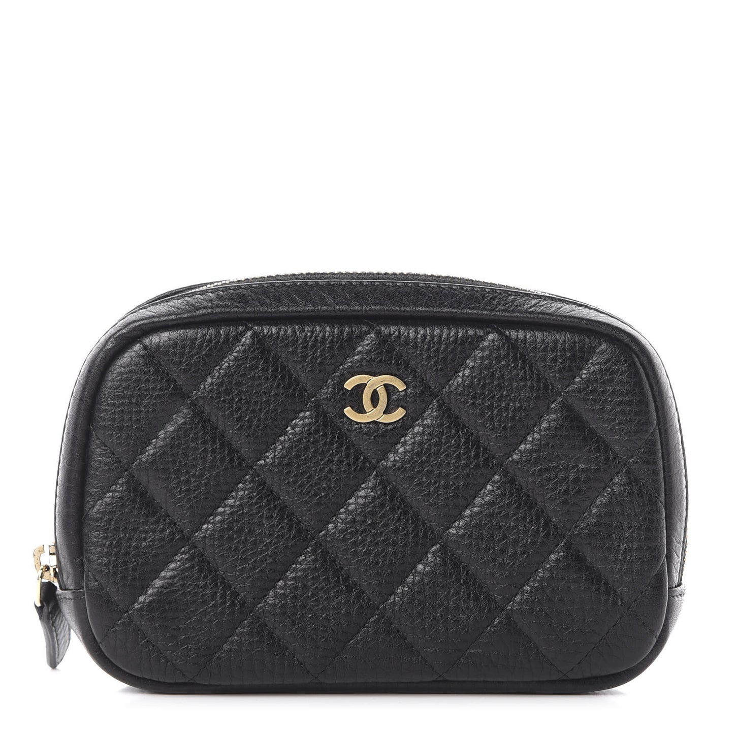Grained Calfskin Quilted Small Curvy Pouch Cosmetic Case Black