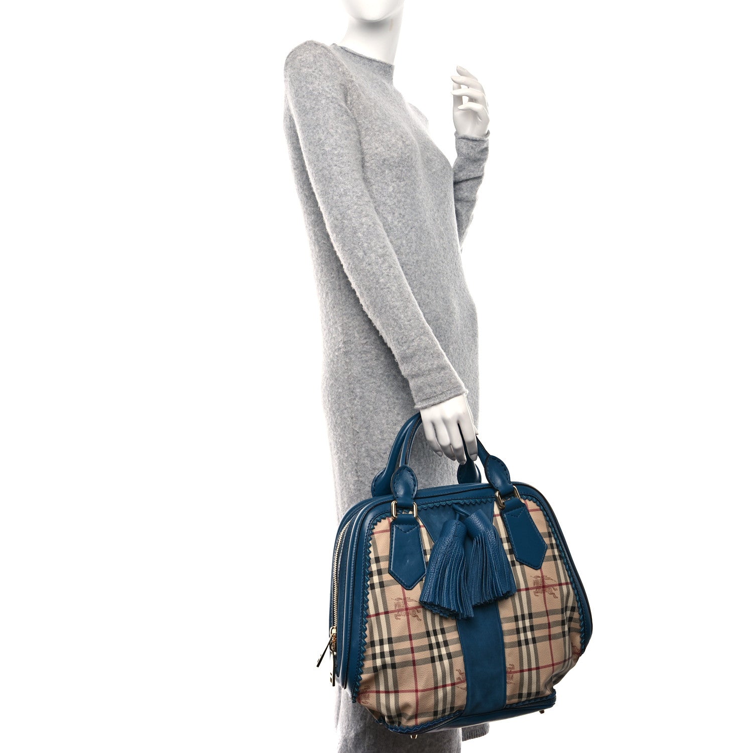 Burberry Haymarket Check Suede Prorsum Tassel Bowling Bag Blue 2 of 9