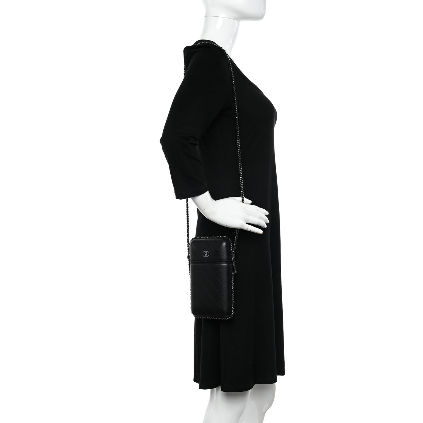 Lambskin Quilted Chain Around Phone Holder Black