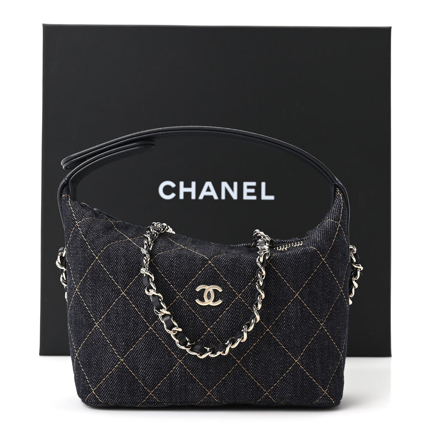 Denim Quilted Hobo Clutch With Chain Dark Blue Orange