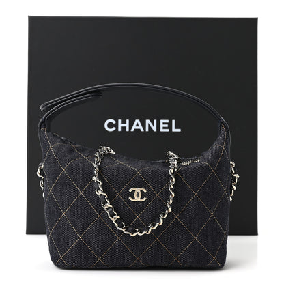Chanel Denim Quilted Hobo Clutch With Chain Dark Blue Orange 10 of 10