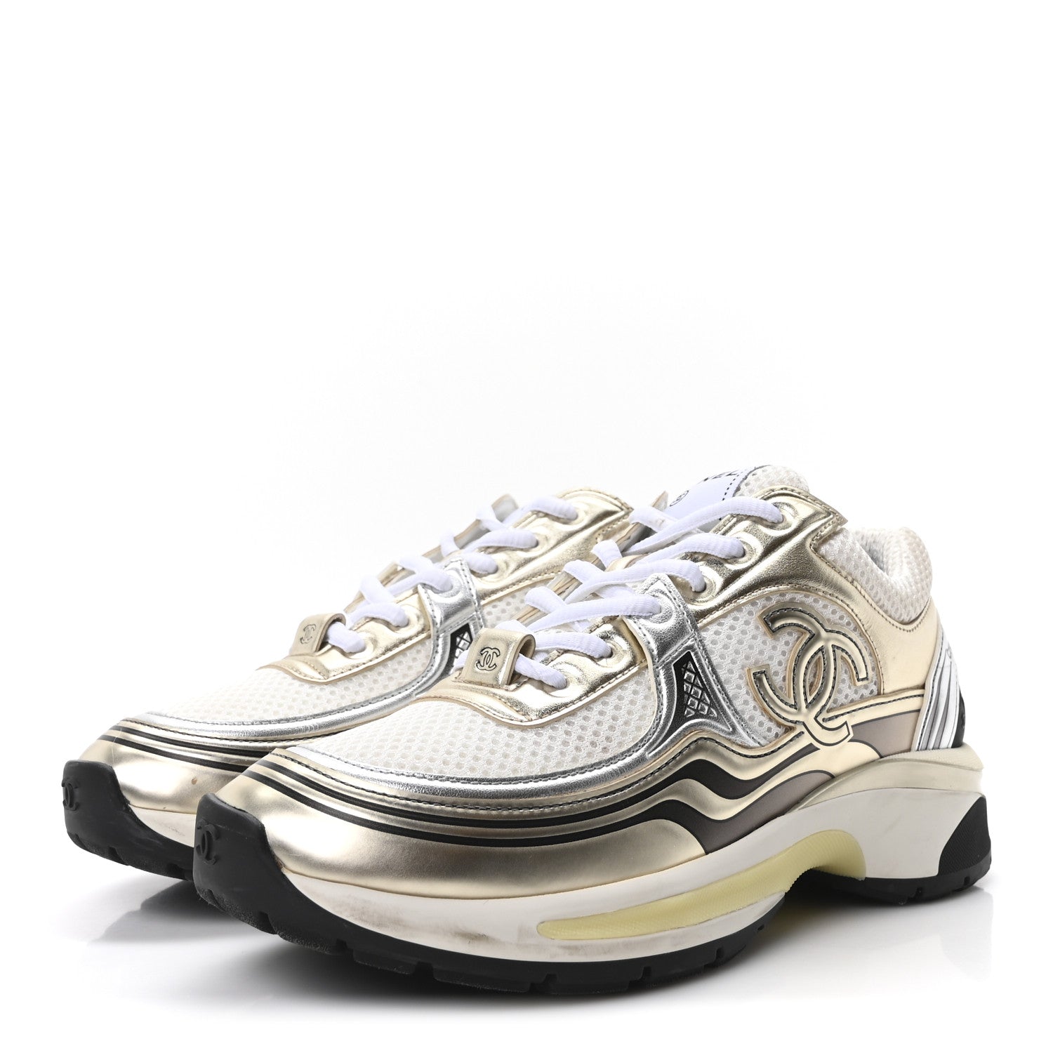 Chanel Fabric Laminated Calfskin Stretch CC Sneakers 36 White Gold Silver 4 of 9