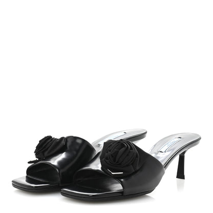 Prada Spazzolato Nylon Flower Metal Triangle Logo Slide Sandals 37 Black 4 of 9