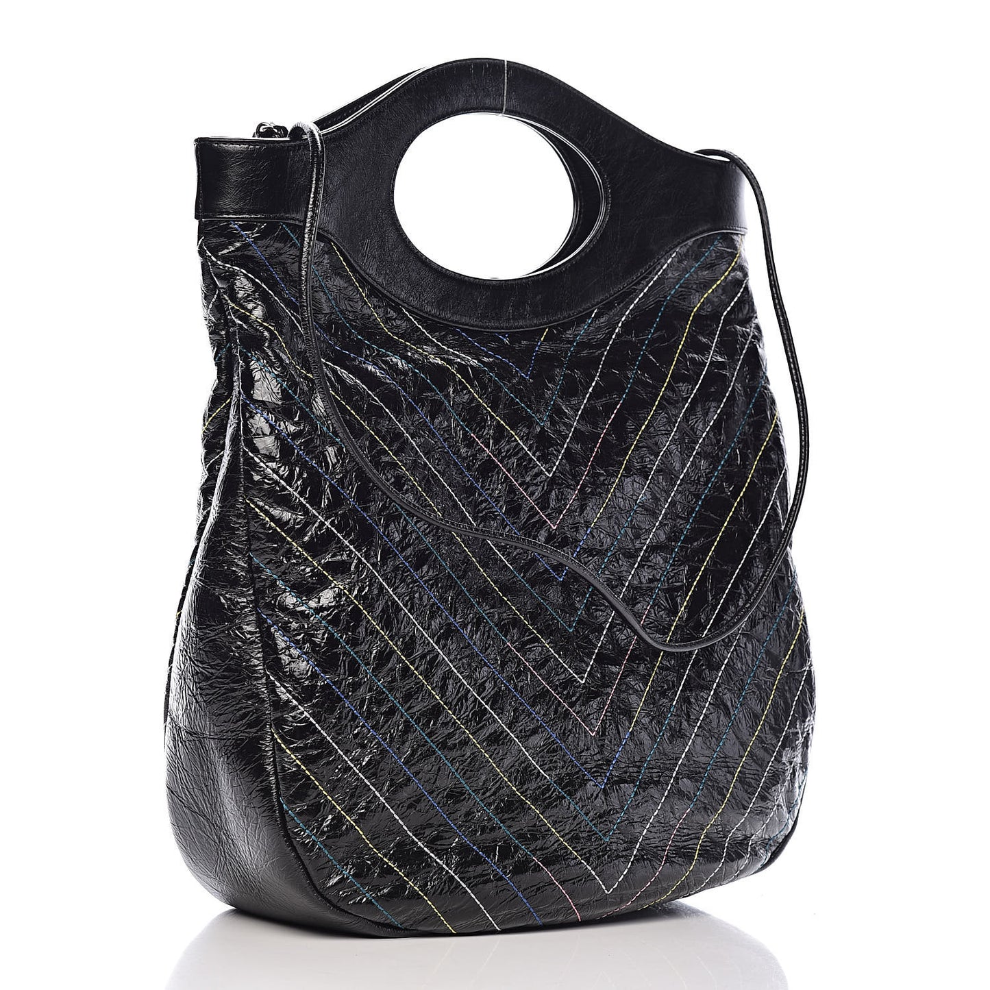 Glazed Calfskin Chevron Stitched Large 31 Shopping Bag Black
