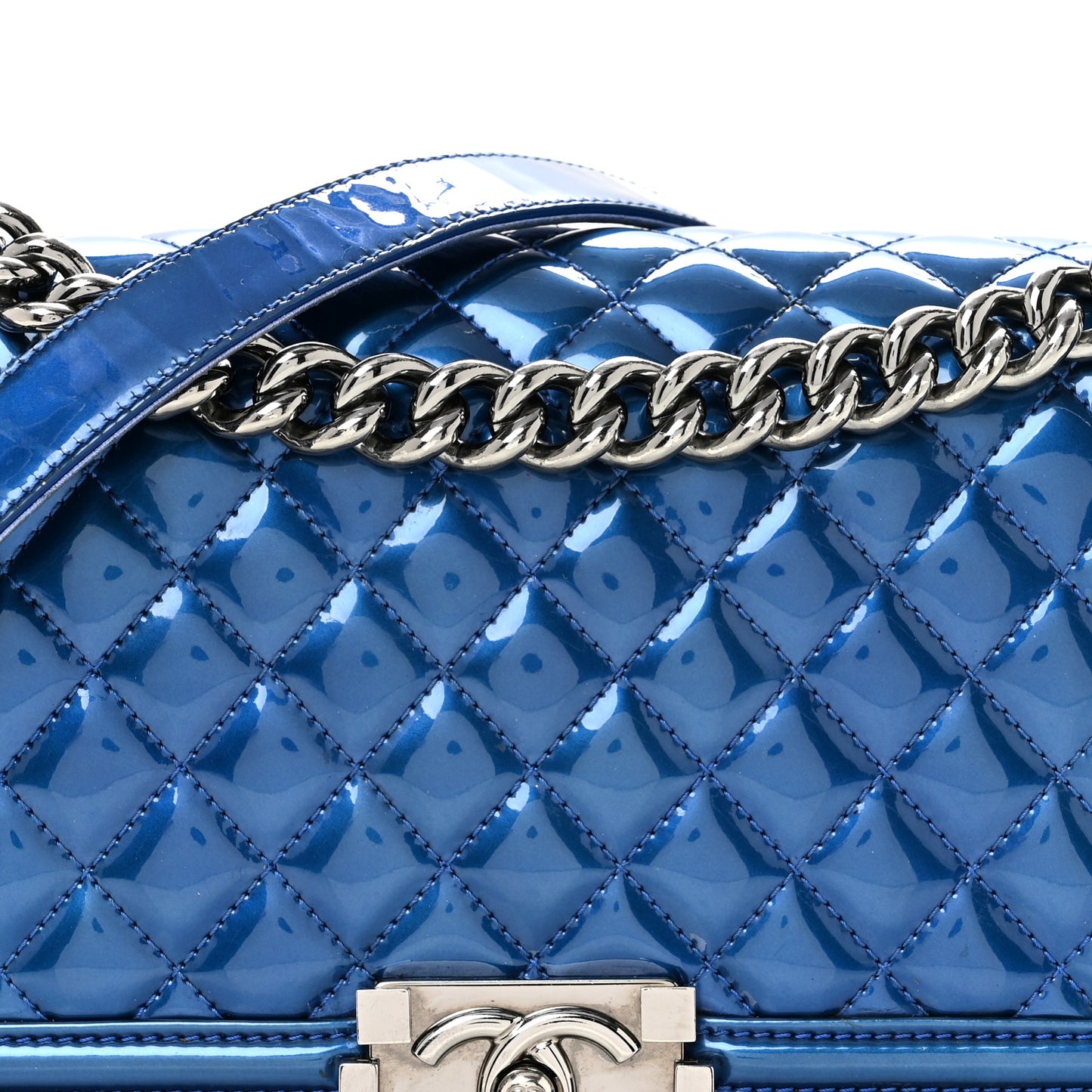 Metallic Patent Quilted Medium Boy Flap Blue