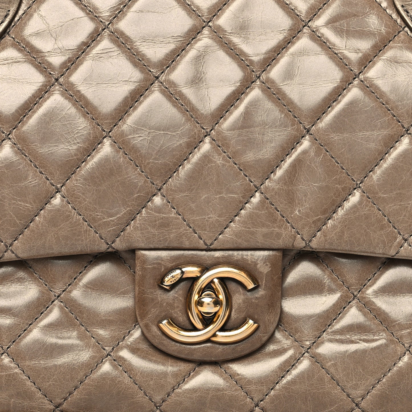 Glazed Calfskin Castle Rock Medium Flap Dark Beige
