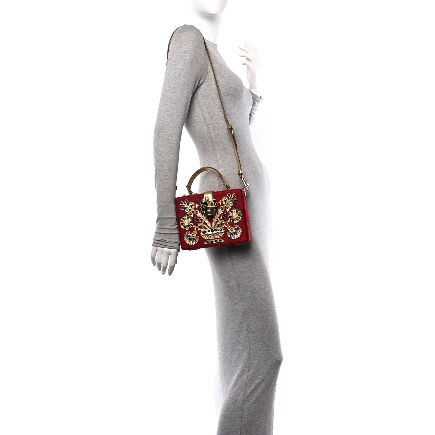 Brocade Dauphine Crystal Embellished Box Bag Red Gold