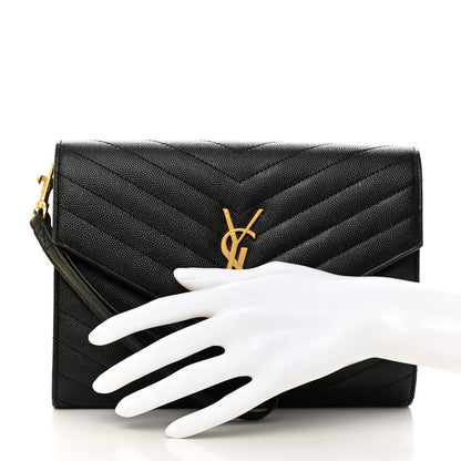Saint Laurent Grain De Poudre Matelasse Chevron Monogram Envelope Clutch Black 2 of 8