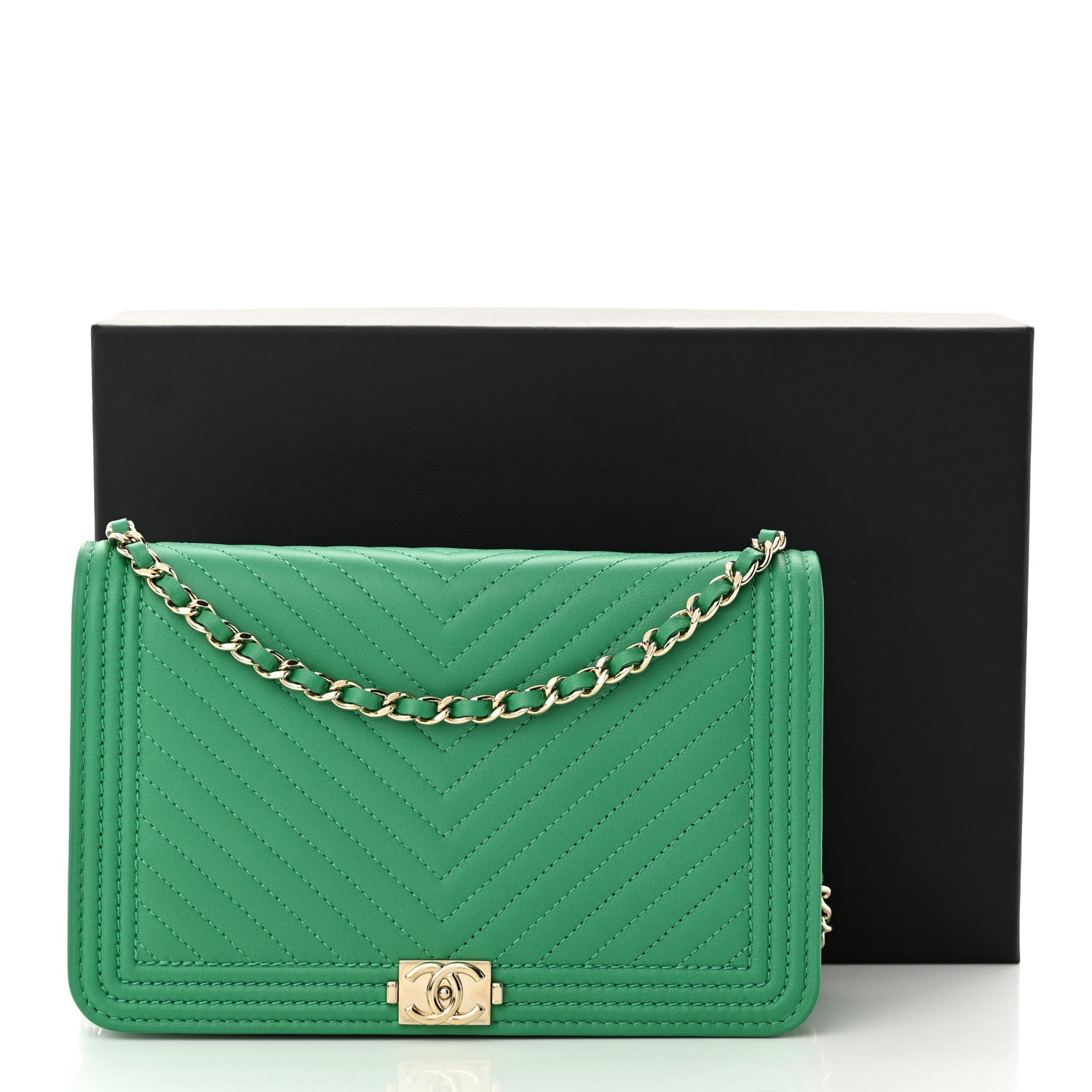 Chanel Lambskin Chevron Quilted Boy Wallet On Chain WOC Green 12 of 12