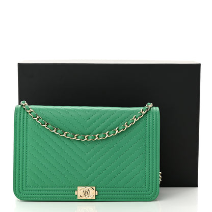 Chanel Lambskin Chevron Quilted Boy Wallet On Chain WOC Green 12 of 12