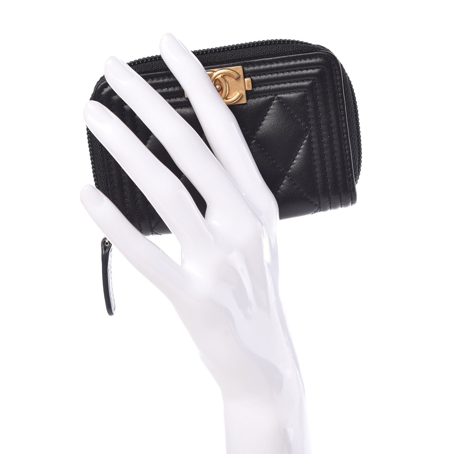 Calfskin Quilted Zip Around Boy Coin Purse Wallet Black