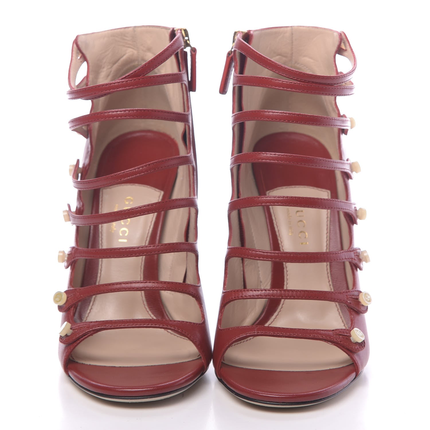 Gucci Malaga Kid Aneta Ladder-Strap Peep Toe Booties 37.5 Hibiscus Red 2 of 13