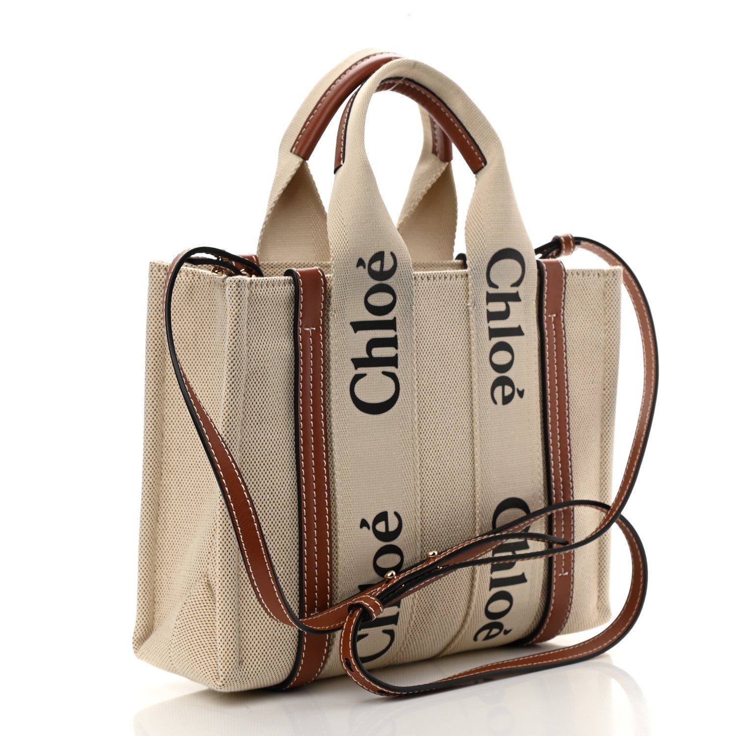 Chloe Cotton Calfskin Small Woody Ribbon Tote With Strap White Brown 3 of 8